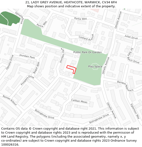 21, LADY GREY AVENUE, HEATHCOTE, WARWICK, CV34 6FH: Location map and indicative extent of plot