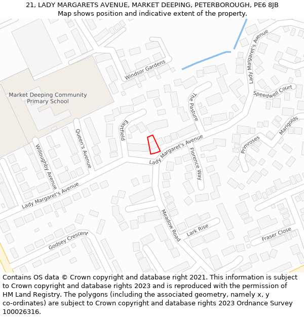 21, LADY MARGARETS AVENUE, MARKET DEEPING, PETERBOROUGH, PE6 8JB: Location map and indicative extent of plot