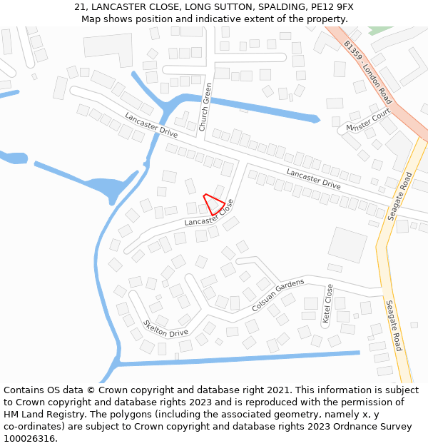21, LANCASTER CLOSE, LONG SUTTON, SPALDING, PE12 9FX: Location map and indicative extent of plot