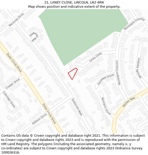 21, LANEY CLOSE, LINCOLN, LN2 4RN: Location map and indicative extent of plot