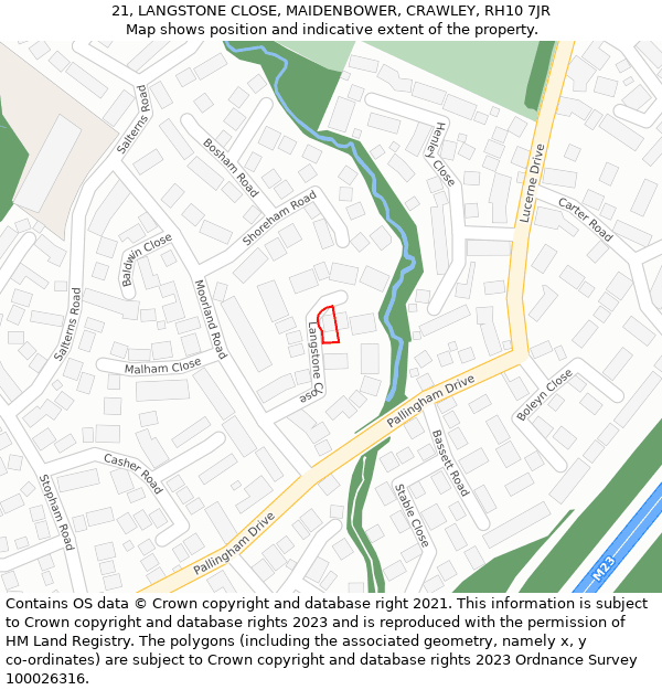 21, LANGSTONE CLOSE, MAIDENBOWER, CRAWLEY, RH10 7JR: Location map and indicative extent of plot