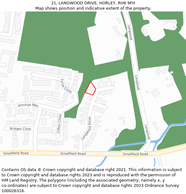 21, LANGWOOD DRIVE, HORLEY, RH6 9FH: Location map and indicative extent of plot