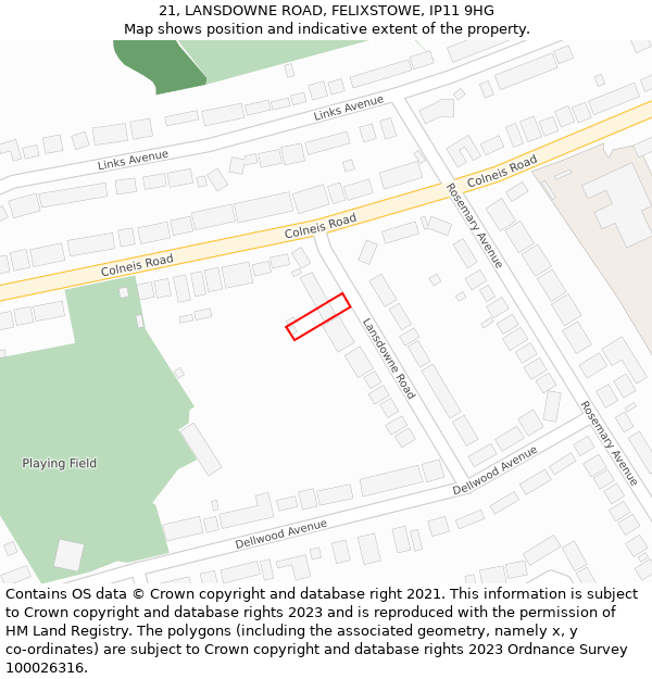 21, LANSDOWNE ROAD, FELIXSTOWE, IP11 9HG: Location map and indicative extent of plot