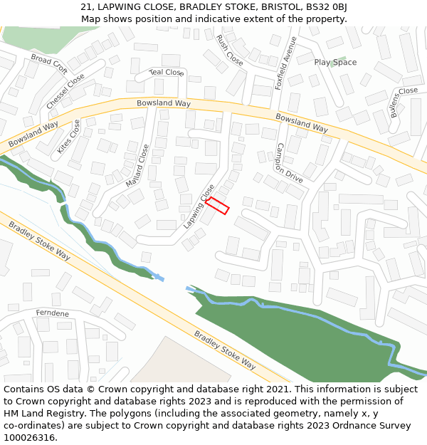 21, LAPWING CLOSE, BRADLEY STOKE, BRISTOL, BS32 0BJ: Location map and indicative extent of plot