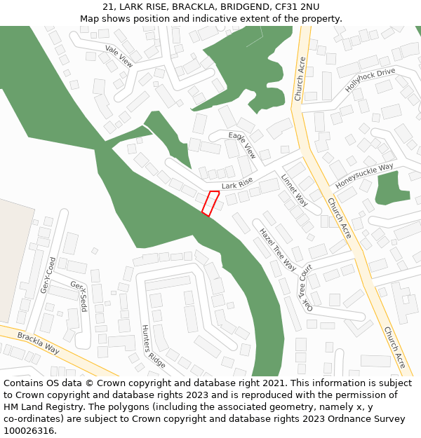 21, LARK RISE, BRACKLA, BRIDGEND, CF31 2NU: Location map and indicative extent of plot