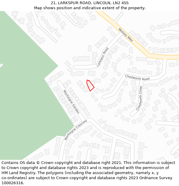 21, LARKSPUR ROAD, LINCOLN, LN2 4SS: Location map and indicative extent of plot