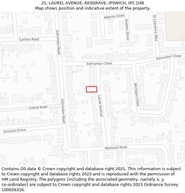 21, LAUREL AVENUE, KESGRAVE, IPSWICH, IP5 1HB: Location map and indicative extent of plot