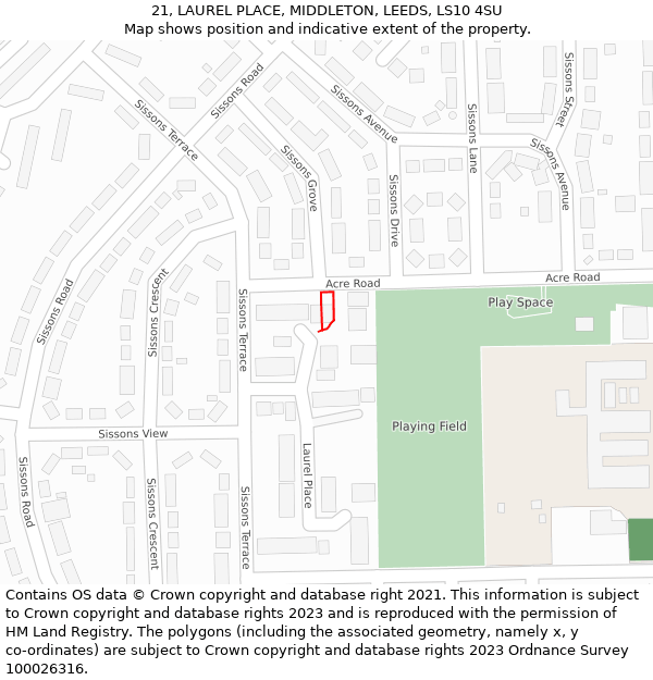 21, LAUREL PLACE, MIDDLETON, LEEDS, LS10 4SU: Location map and indicative extent of plot