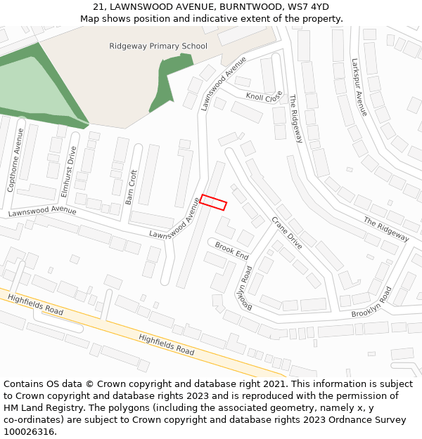21, LAWNSWOOD AVENUE, BURNTWOOD, WS7 4YD: Location map and indicative extent of plot