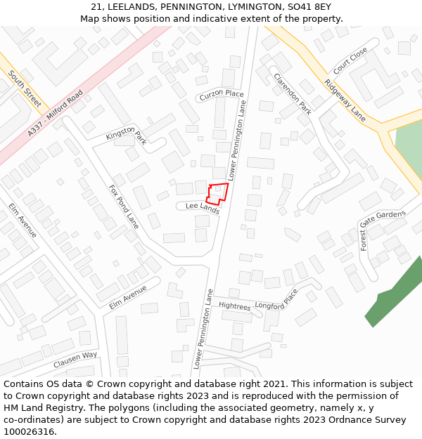 21, LEELANDS, PENNINGTON, LYMINGTON, SO41 8EY: Location map and indicative extent of plot