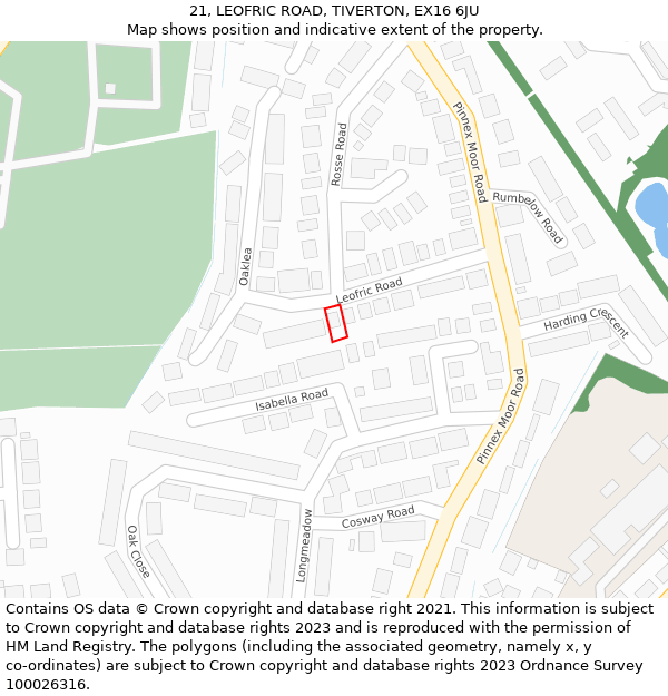 21, LEOFRIC ROAD, TIVERTON, EX16 6JU: Location map and indicative extent of plot