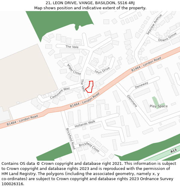 21, LEON DRIVE, VANGE, BASILDON, SS16 4RJ: Location map and indicative extent of plot