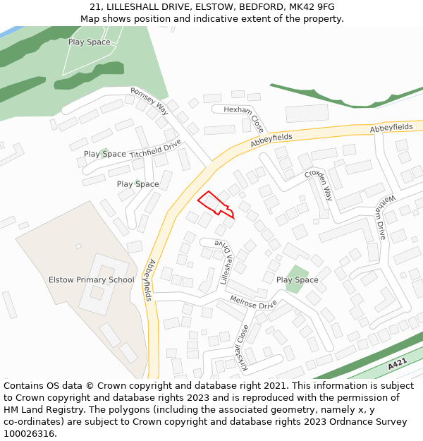 21, LILLESHALL DRIVE, ELSTOW, BEDFORD, MK42 9FG: Location map and indicative extent of plot