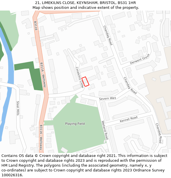 21, LIMEKILNS CLOSE, KEYNSHAM, BRISTOL, BS31 1HR: Location map and indicative extent of plot