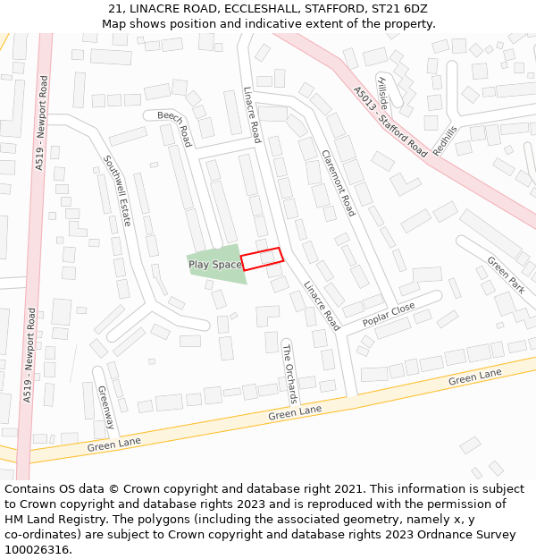 21, LINACRE ROAD, ECCLESHALL, STAFFORD, ST21 6DZ: Location map and indicative extent of plot