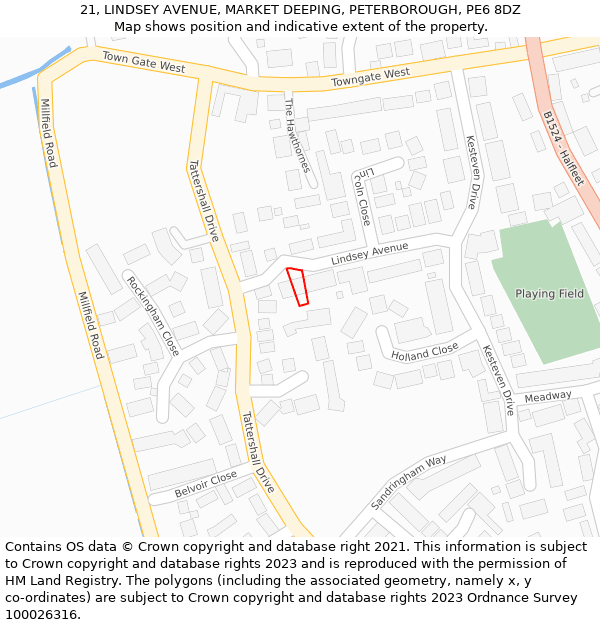 21, LINDSEY AVENUE, MARKET DEEPING, PETERBOROUGH, PE6 8DZ: Location map and indicative extent of plot