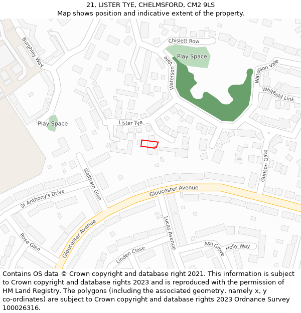 21, LISTER TYE, CHELMSFORD, CM2 9LS: Location map and indicative extent of plot