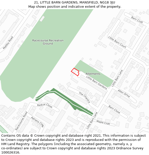 21, LITTLE BARN GARDENS, MANSFIELD, NG18 3JU: Location map and indicative extent of plot