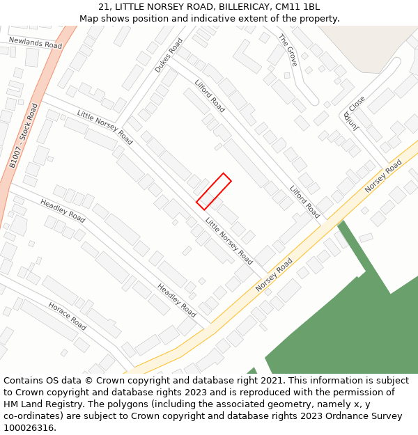 21, LITTLE NORSEY ROAD, BILLERICAY, CM11 1BL: Location map and indicative extent of plot