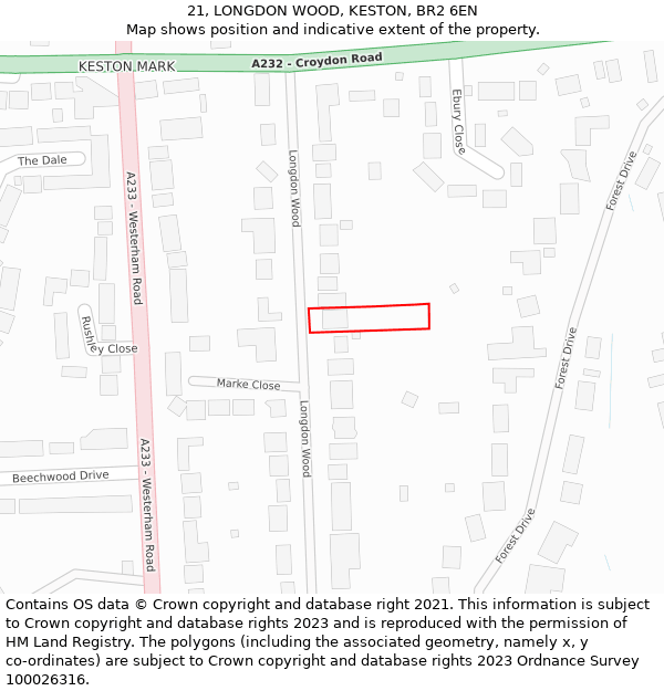 21, LONGDON WOOD, KESTON, BR2 6EN: Location map and indicative extent of plot