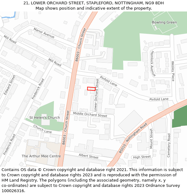 21, LOWER ORCHARD STREET, STAPLEFORD, NOTTINGHAM, NG9 8DH: Location map and indicative extent of plot