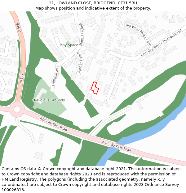 21, LOWLAND CLOSE, BRIDGEND, CF31 5BU: Location map and indicative extent of plot