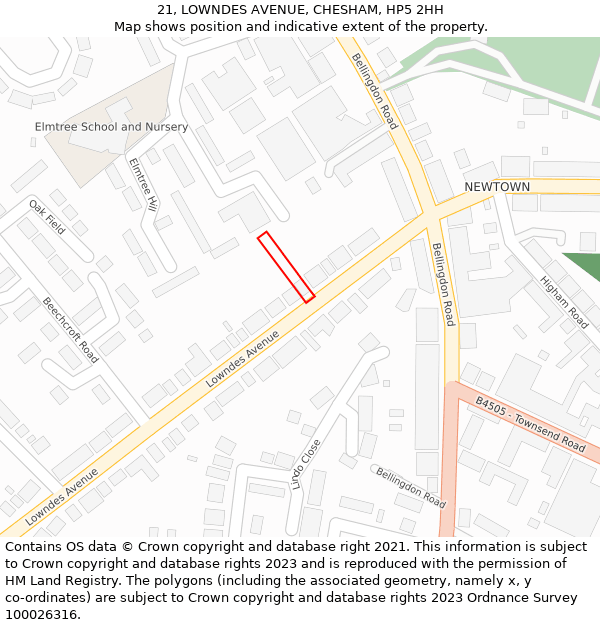 21, LOWNDES AVENUE, CHESHAM, HP5 2HH: Location map and indicative extent of plot