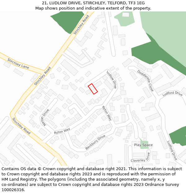 21, LUDLOW DRIVE, STIRCHLEY, TELFORD, TF3 1EG: Location map and indicative extent of plot