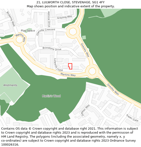21, LULWORTH CLOSE, STEVENAGE, SG1 4FY: Location map and indicative extent of plot