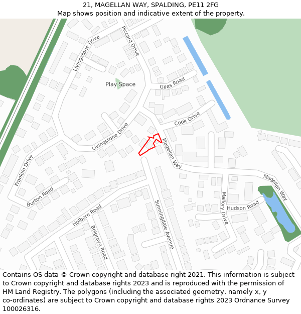 21, MAGELLAN WAY, SPALDING, PE11 2FG: Location map and indicative extent of plot