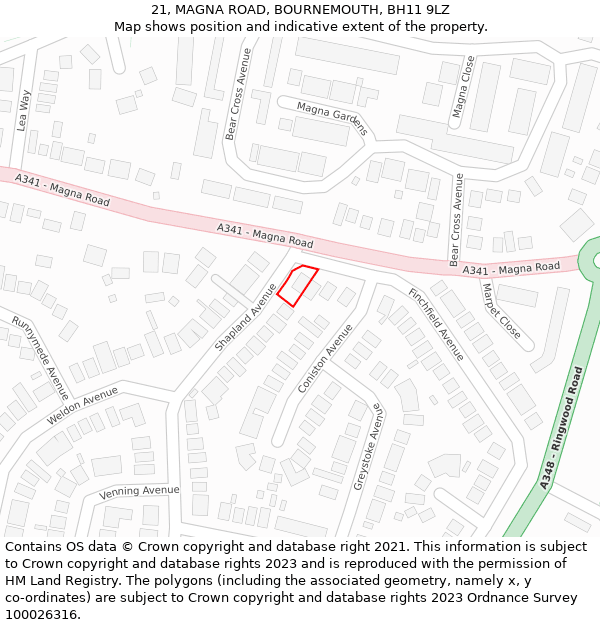 21, MAGNA ROAD, BOURNEMOUTH, BH11 9LZ: Location map and indicative extent of plot