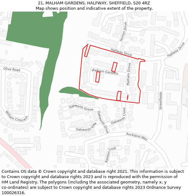 21, MALHAM GARDENS, HALFWAY, SHEFFIELD, S20 4RZ: Location map and indicative extent of plot