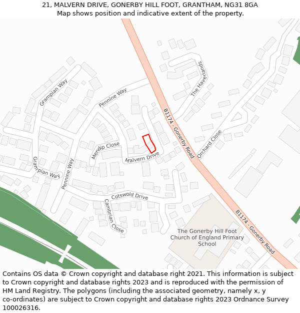 21, MALVERN DRIVE, GONERBY HILL FOOT, GRANTHAM, NG31 8GA: Location map and indicative extent of plot