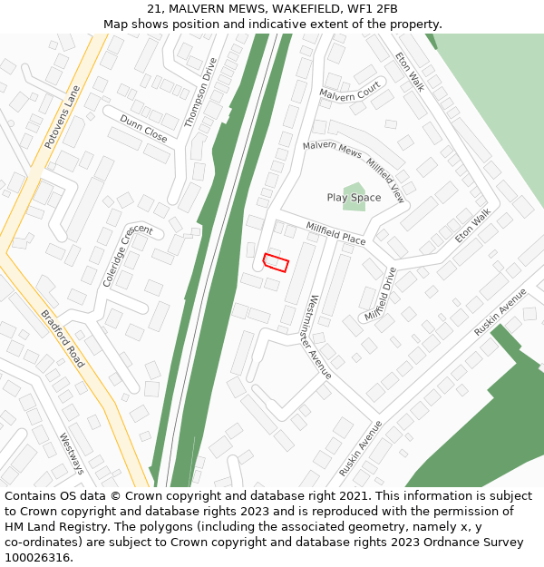 21, MALVERN MEWS, WAKEFIELD, WF1 2FB: Location map and indicative extent of plot