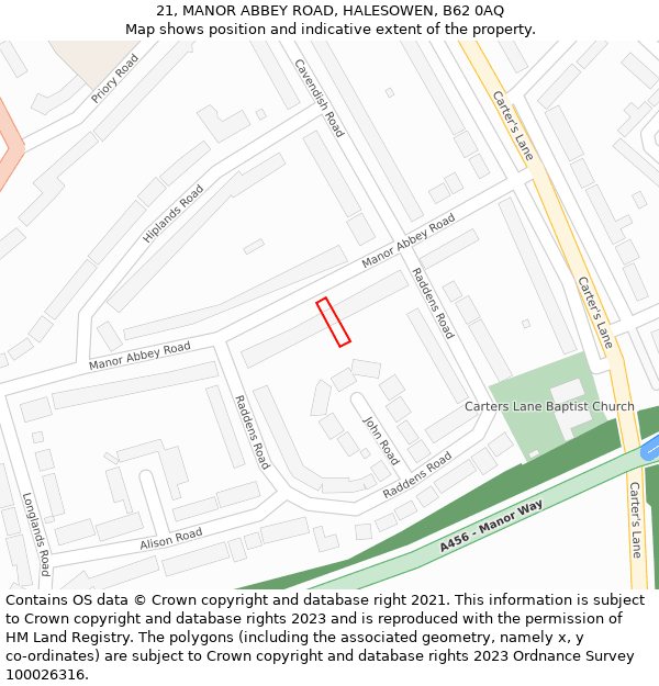 21, MANOR ABBEY ROAD, HALESOWEN, B62 0AQ: Location map and indicative extent of plot