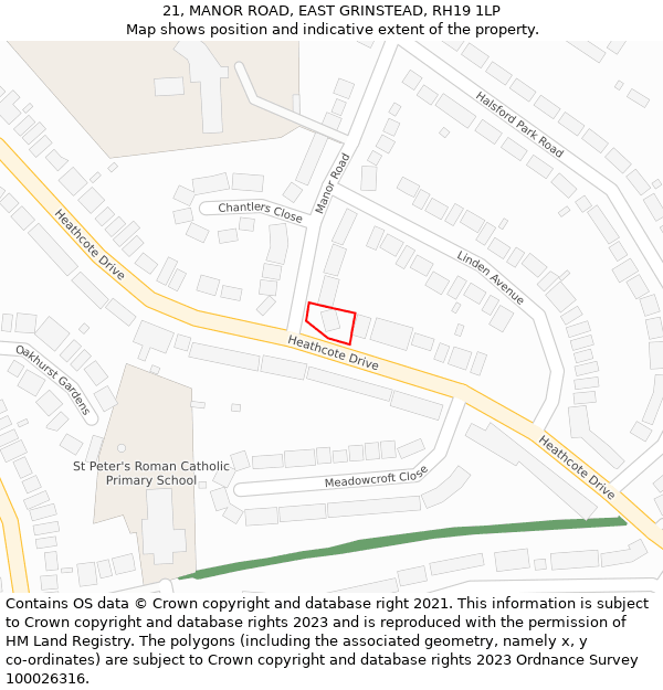 21, MANOR ROAD, EAST GRINSTEAD, RH19 1LP: Location map and indicative extent of plot