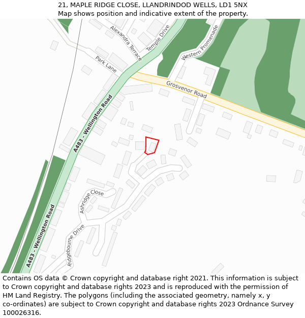 21, MAPLE RIDGE CLOSE, LLANDRINDOD WELLS, LD1 5NX: Location map and indicative extent of plot