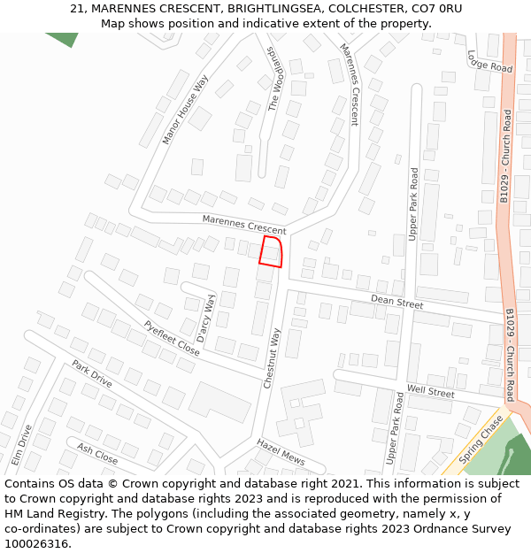 21, MARENNES CRESCENT, BRIGHTLINGSEA, COLCHESTER, CO7 0RU: Location map and indicative extent of plot