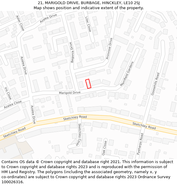 21, MARIGOLD DRIVE, BURBAGE, HINCKLEY, LE10 2SJ: Location map and indicative extent of plot