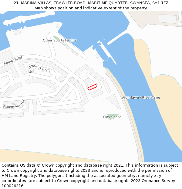 21, MARINA VILLAS, TRAWLER ROAD, MARITIME QUARTER, SWANSEA, SA1 1FZ: Location map and indicative extent of plot