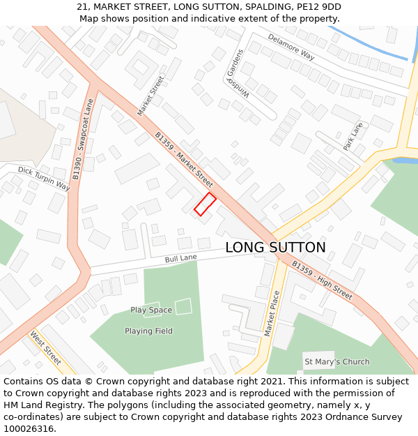 21, MARKET STREET, LONG SUTTON, SPALDING, PE12 9DD: Location map and indicative extent of plot