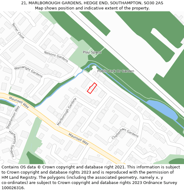 21, MARLBOROUGH GARDENS, HEDGE END, SOUTHAMPTON, SO30 2AS: Location map and indicative extent of plot