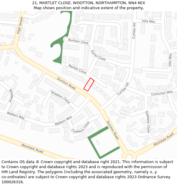 21, MARTLET CLOSE, WOOTTON, NORTHAMPTON, NN4 6EX: Location map and indicative extent of plot