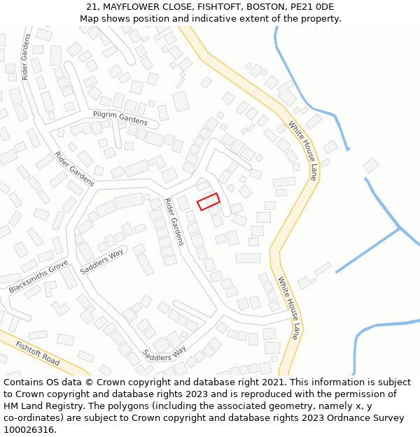 21, MAYFLOWER CLOSE, FISHTOFT, BOSTON, PE21 0DE: Location map and indicative extent of plot