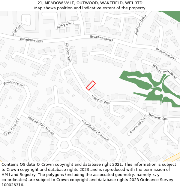 21, MEADOW VALE, OUTWOOD, WAKEFIELD, WF1 3TD: Location map and indicative extent of plot