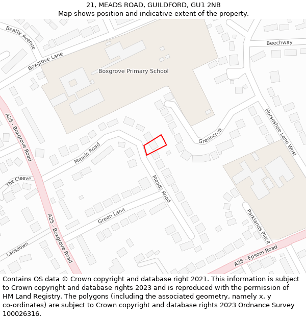 21, MEADS ROAD, GUILDFORD, GU1 2NB: Location map and indicative extent of plot