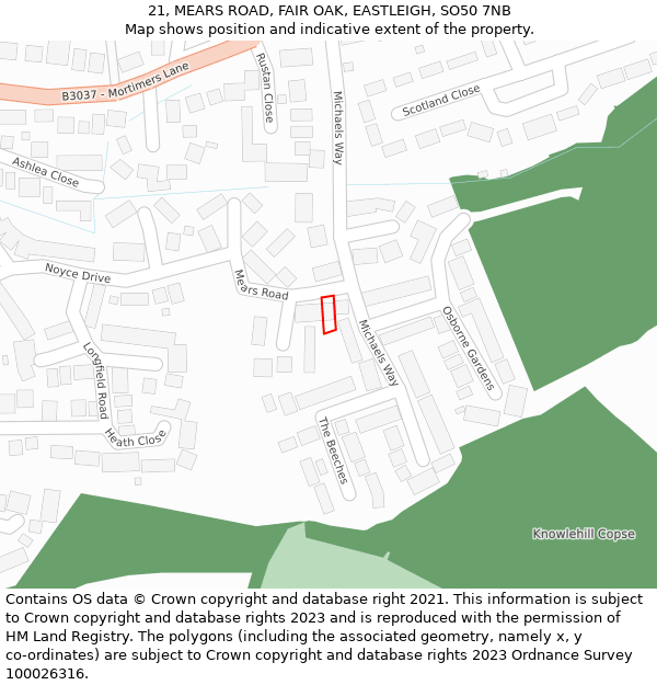 21, MEARS ROAD, FAIR OAK, EASTLEIGH, SO50 7NB: Location map and indicative extent of plot