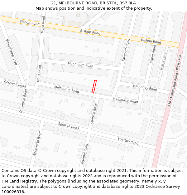 21, MELBOURNE ROAD, BRISTOL, BS7 8LA: Location map and indicative extent of plot