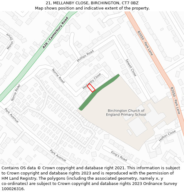 21, MELLANBY CLOSE, BIRCHINGTON, CT7 0BZ: Location map and indicative extent of plot