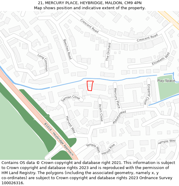 21, MERCURY PLACE, HEYBRIDGE, MALDON, CM9 4PN: Location map and indicative extent of plot